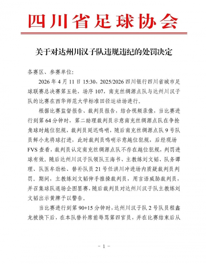 川超重罚达州队 主帅球员停赛一年 四人停赛八场 川超重罚达州队 主帅球员停赛一年 四人停赛八场